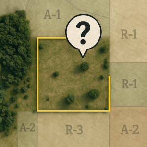 Overhead view of rural land with unclear boundaries and zoning overlay to show post-auction confusion.